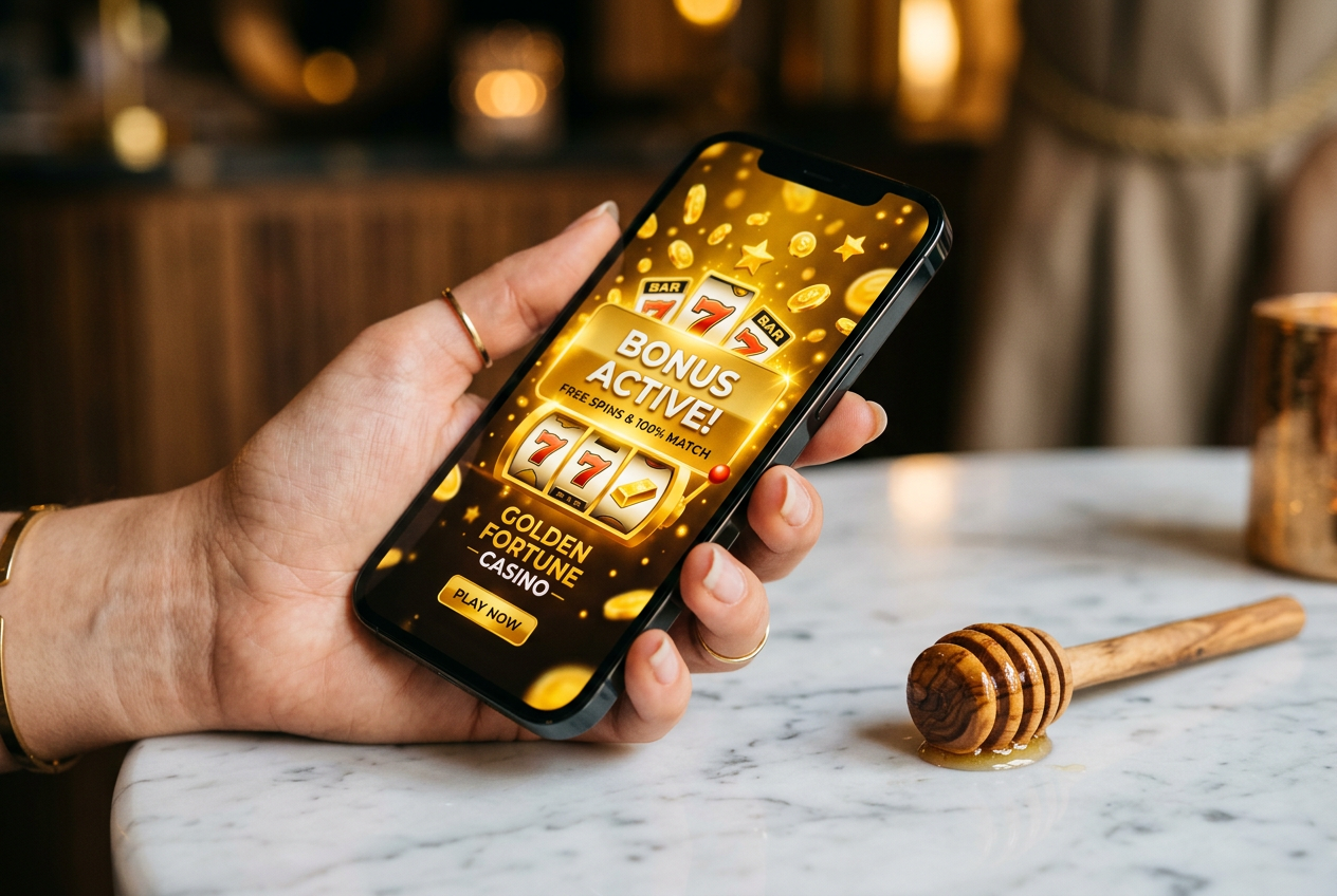 A smartphone showing a casino app next to a honey dipper.
